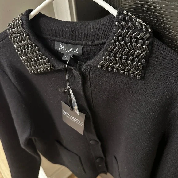 NWT Marled Chic Black Sweater with Beaded Collar - Picture 2 of 4